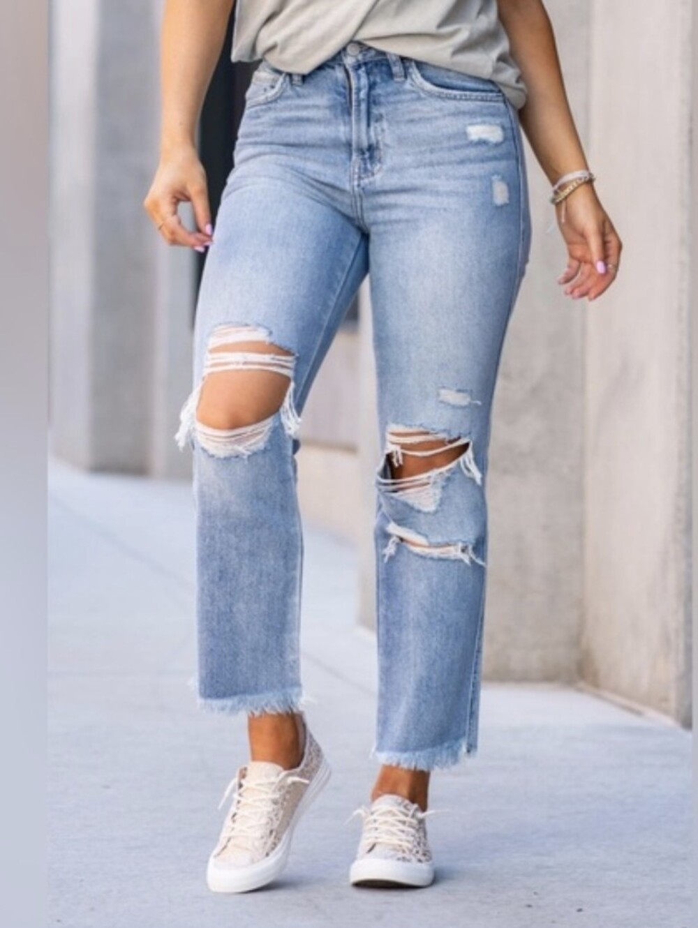 Flying Monkey High-Rise Light Blue Distressed Straight Leg Raw Hem Jeans